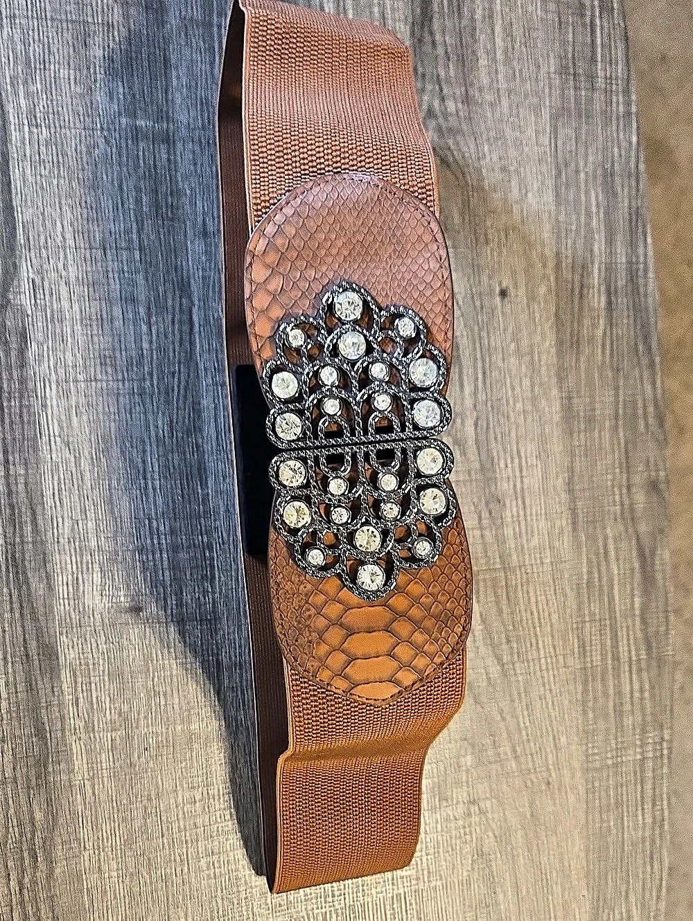Rhinestone Buckle Stretchable Brown Belt Size 3x